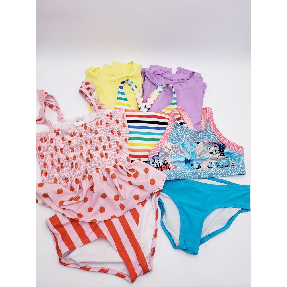 Primary Swim Set Rainbow Stripe One Piece & Rash Guard Shirts Girls Size 10